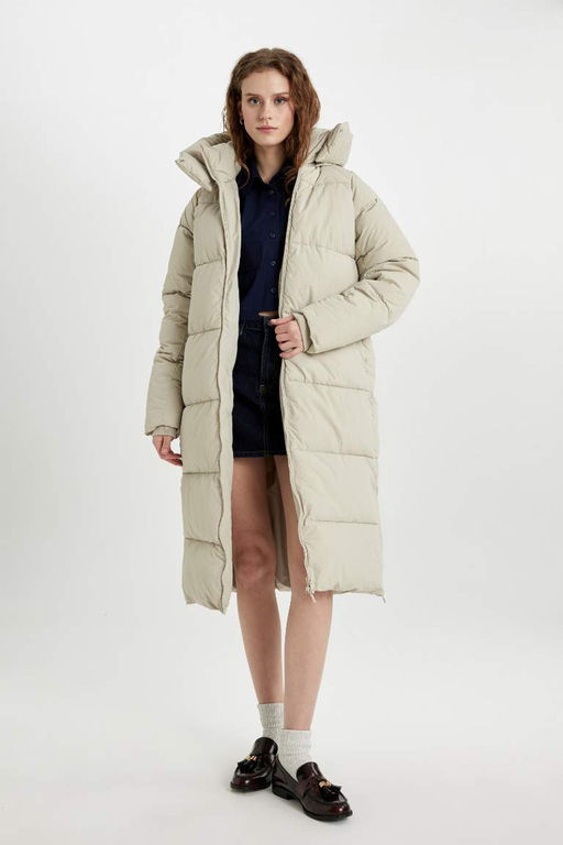 Длинное пальто-парка стандартного кроя из водоотталкивающей ткани с капюшоном - Defacto фото 3