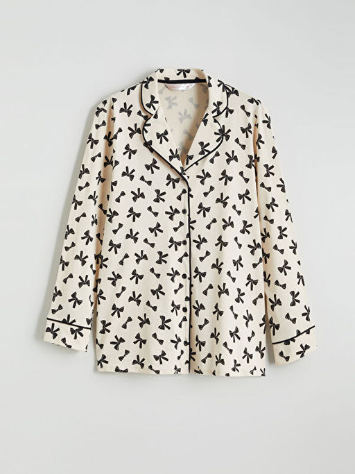 G?mlek Yaka Fiyonk Bask?l? Hamile Pijama Tak?m?