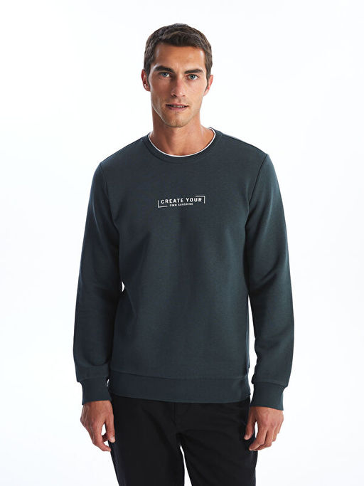 Bisiklet Yaka Bask?l? Erkek Kal?n Sweatshirt
