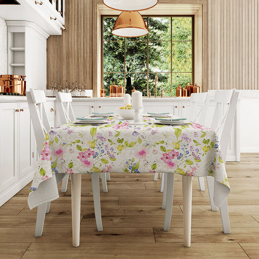 Скатерть 150х145см "Краски лета", длина стола до 110см, на 4 персоны, рогожка (хлопок 100%) 171г/м2, упаковка классическая, пакет ПВХ 28х41см, "Домашняя мода" (Россия)