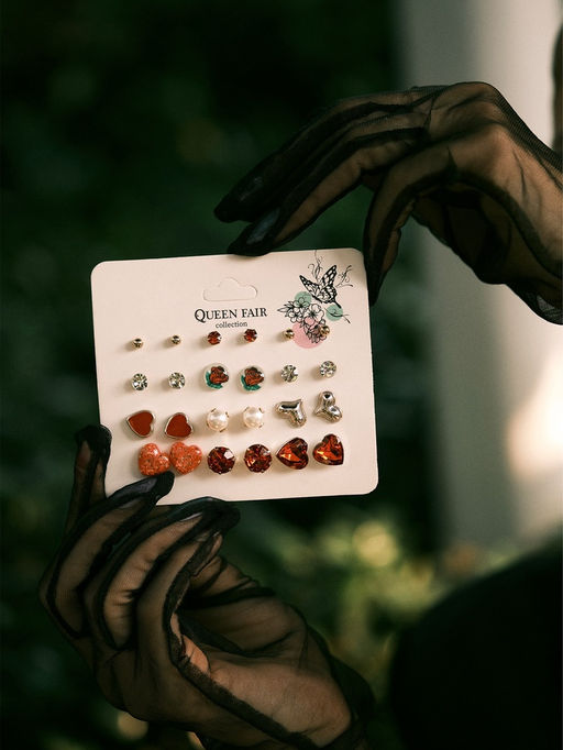 Цена за 2 шт. Серьги пусеты QF «Романтика», 12 пар, сердечки, цветные в золоте