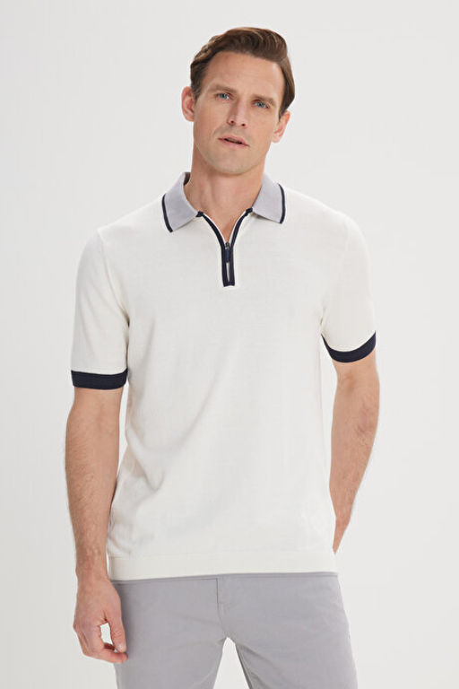 Standart Fit Normal Kesim %100 Pamuk Fermuarl_ Polo Yaka Ekru Triko Ti__rt 4A4924200001EKR