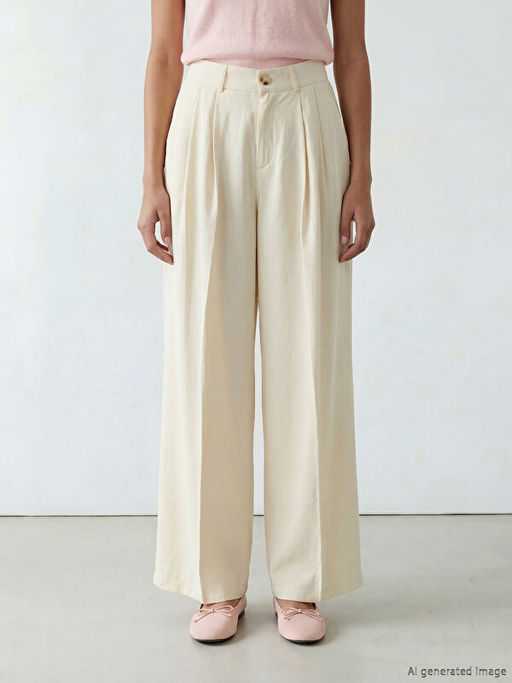 Y?ksek Bel Pileli Kad?n Kuma? Pantolon