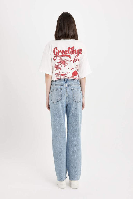 Джинсовые брюки прямого кроя до щиколотки с высокой талией и потертостями - Defacto фото 6