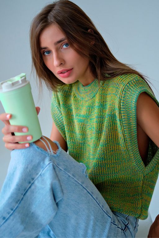 Жилет вязаный оверсайз зеленый меланж