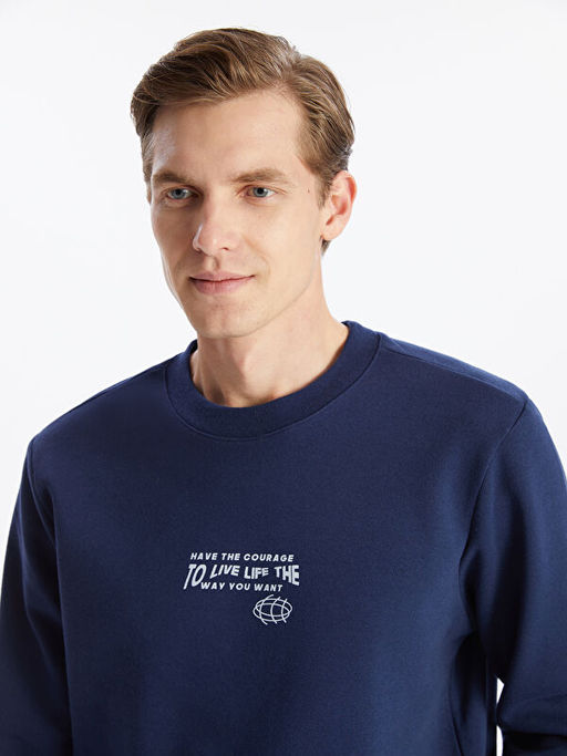 Bisiklet Yaka Uzun Kollu Bask?l? Erkek Sweatshirt