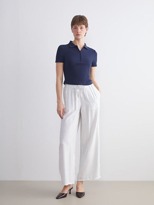 Beli Lastikli ?izgili Kad?n Pantolon