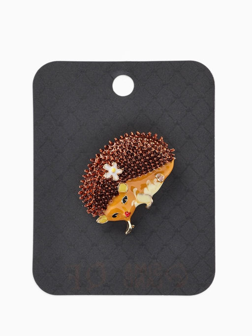 Брошь «Ежик» с цветами, цвет коричнево-оранжевый в золоте