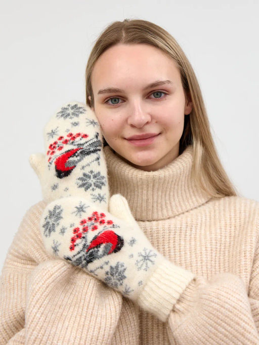 Варежки женские Снегирь и снежинки КРУГ 3472-1 - Рассказовские варежки фото 2