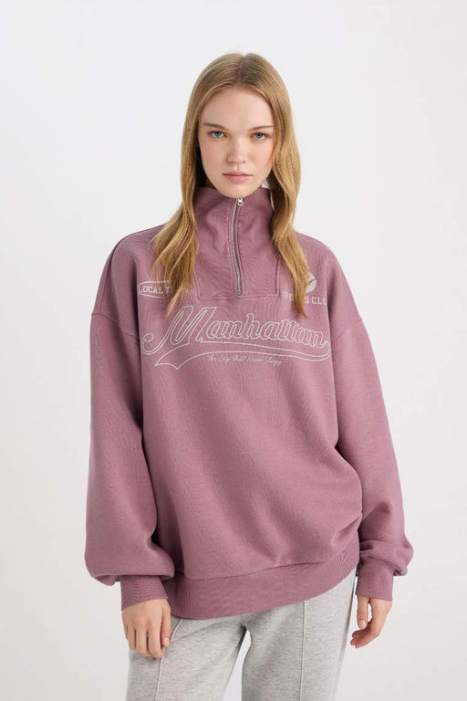 Женская крутая толстая толстая толстая толстовка оверсайз с широким кроем и воротником-стойкой сзади с принтом - Defacto фото 4