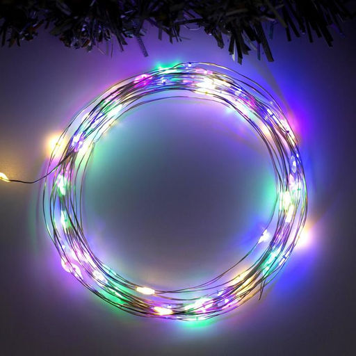 Гирлянда Нить 5 м роса, IP20, серебристая нить, 100 LED, 2 режима, батарейки AAх3 (не в комплекте), свечение мульти