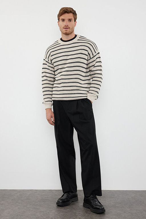 Bej Casual Unisex Bisiklet Yaka _izgili Triko Kazak TMNAW25KZ00025 - Trendyolmilla фото 2