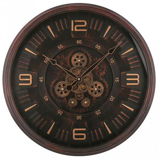 Часы настенные "Хронос" д49см, h7см, мягкий ход, циферблат "Шестеренки", коричневый потертый; цифры арабские, медный; корпус пластик, коричневый "под дерево"; в лотке (Китай)