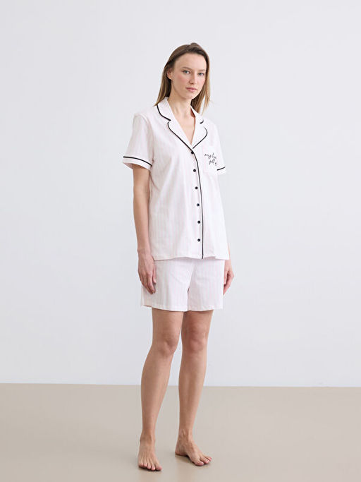 G?mlek Yaka ?izgili Kad?n ?ortlu Pijama Tak?m?