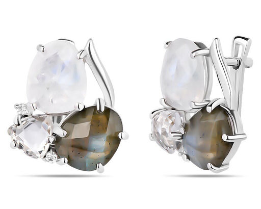 Серьги, горный хрусталь , лабрадорит , лунный камень, Богема