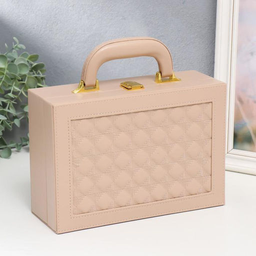 Шкатулка кожзам для украшений чемодан Крупная клетка бежевая 9х25х17 см