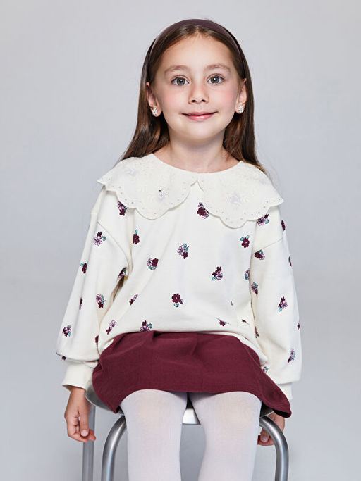 Bebe Yaka ?i?ek Bask?l? K?z ?ocuk Sweatshirt
