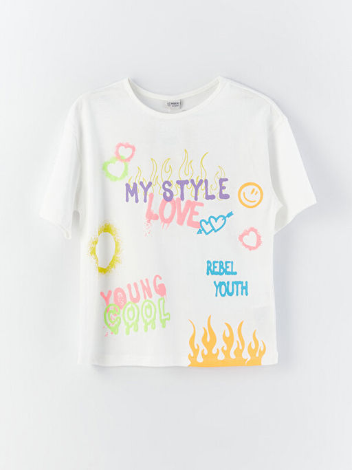 Bisiklet Yaka Bask?l? K?sa Kollu K?z ?ocuk Ti??rt