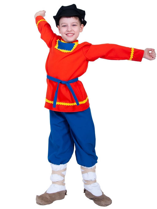 Костюм народный для мальчика Иванушка в лаптях, рубаха, штаны, картуз, лапти р-р. 128