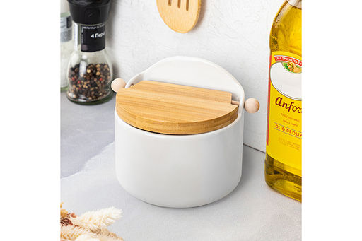 Банка для сыпучих продуктов 500 мл 15*10*11,1 см Белая + откидная бамбук.крышка, керамика - Elan gallery фото 9