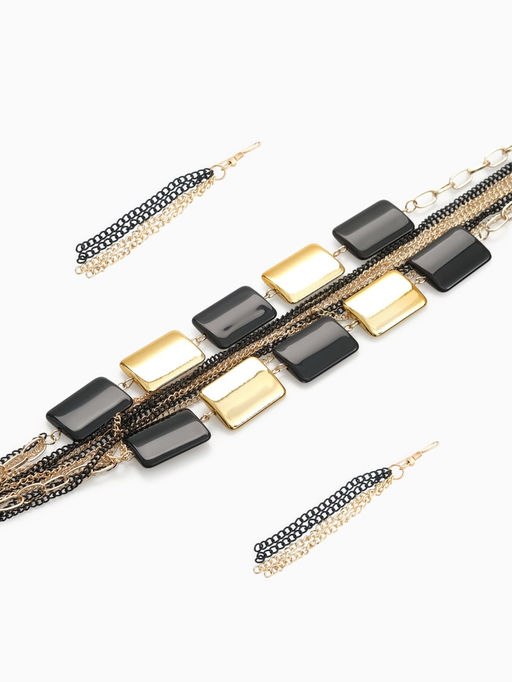 Набор 2 предмета: серьги, бусы Унисон прямоугольники, чёрный в золоте, 80 см