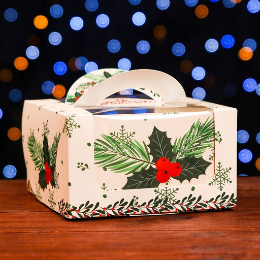 Коробка под бенто-торт с окном Новогодняя с шишками, 14 х 14 х 8 см - UPAK LAND фото 2