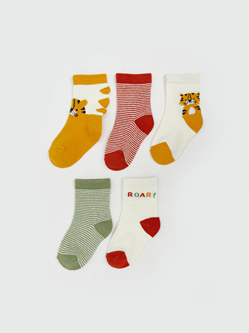 Bask?l? Erkek Bebek Soket ?orap 5li