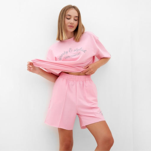 Костюм женский (футболка, шорты) MINAKU: SPORTY & STYLISH, светло-розовый, размер 44