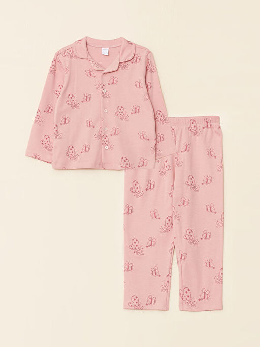 Polo Yaka Uzun Kollu Bask?l? K?z Bebek Pijama Tak?m