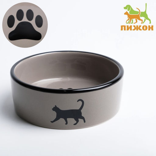 Миска керамическая «След с кошкой» 300 мл - 12.5×12.5×4.5 см, тёмно-бежевая/чёрная