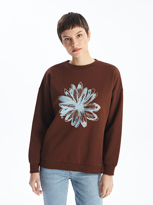 Bisiklet Yaka Bask?l? Oversize Kad?n Kal?n Sweatshirt