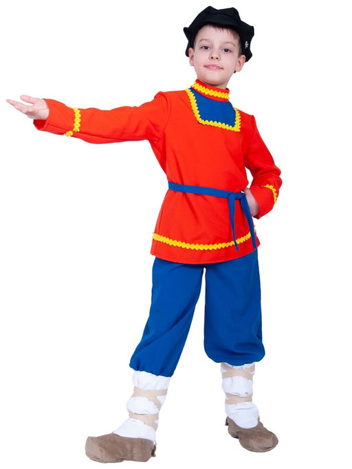 Костюм народный для мальчика Иванушка в лаптях, рубаха, штаны, картуз, лапти р-р. 128