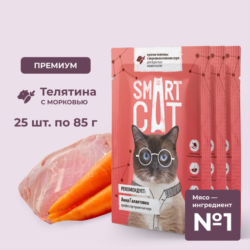 "Упаковка 25 шт" Паучи для взрослых кошек и котят кусочки телятины с морковью в нежном соусе