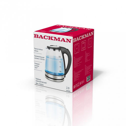 Чайник электрический Backman 2,0л, 2200Вт, закрытый нагревательный элемент, корпус из высококачественного термостойкого стекла, световой индикатор работы, шкала уровня воды, автоматическое отключение при закипании (Китай) - Домашняя мода фото 2