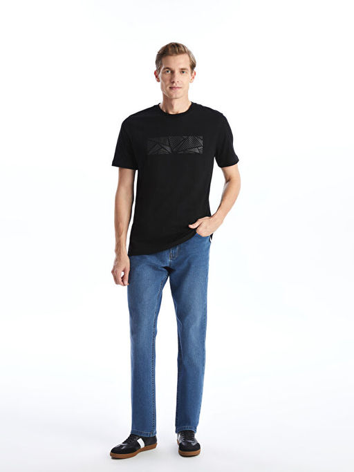 Bisiklet Yaka K?sa Kollu Bask?l? Penye Erkek Ti??rt