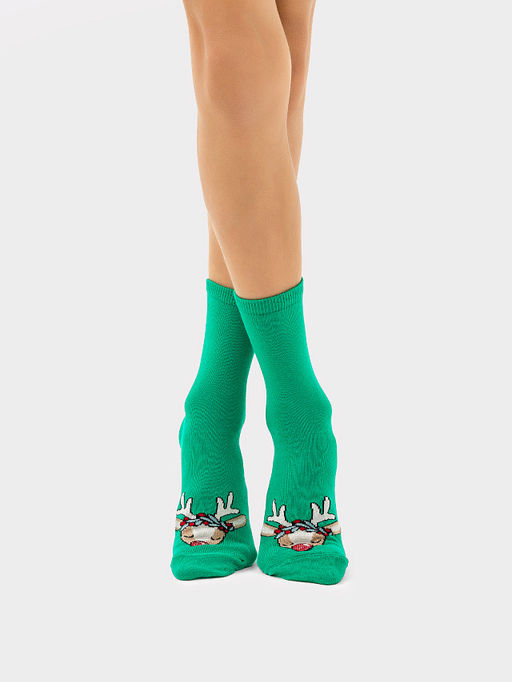 Цена за 5 пар! Носки детские зеленые с рисунком в виде оленя
