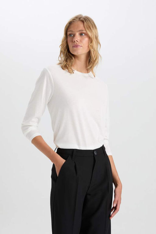 Женская обычная посадка с круглым вырезом, базовая простая повседневная футболка с длинными рукавами - Defacto фото 3