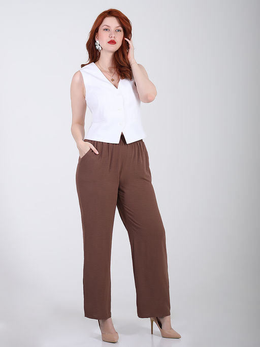 Брюки палаццо из жатки на резинке - Almond фото 33