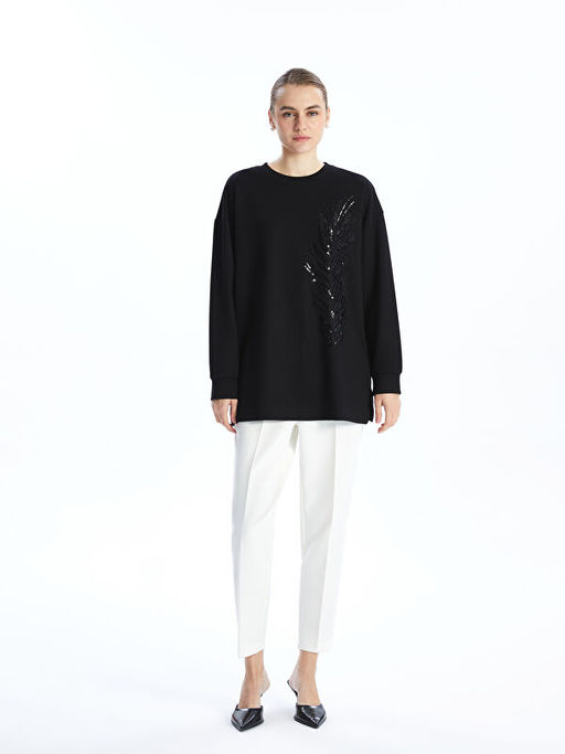 Bisiklet Yaka Pul ??lemeli Oversize Kad?n Sweatshirt Tunik