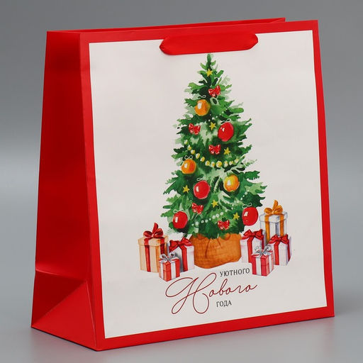 Цена за 2 шт. Пакет подарочный новогодний ламинированный квадратный Happiness, 30?30?12 см