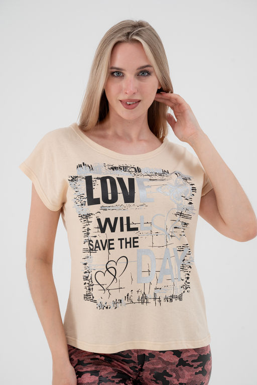 Футболка женская со спущенным плечом из кулирки Лира топленое молоко с принтом Love - Амадэль фото 11