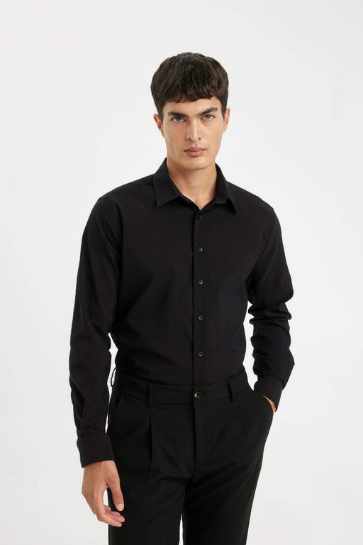 Рубашка с длинными рукавами и жатым воротником поло Modern Fit - Defacto фото 3