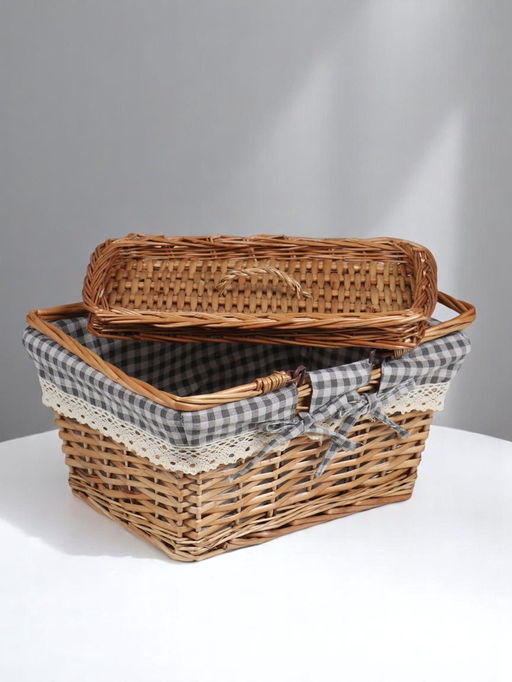 Плетёная корзина-лукошко, ткань, 2 ручки складные (внутри металл) с крышкой. 35×26 см, Н 18 см, Н с ручкам