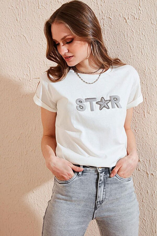 Bask?l? % 100 Pamuklu Bisiklet Yaka T Shirt 6010021