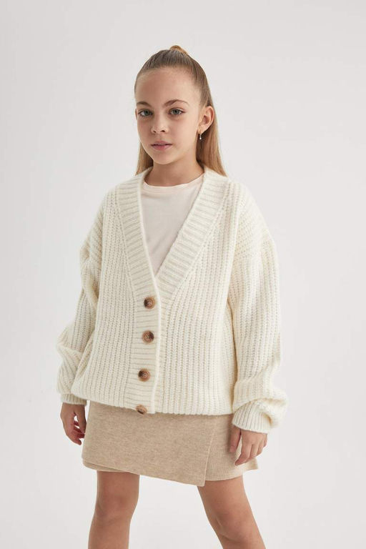 Трикотажный кардиган для девочек с V-образным вырезом - Defacto фото 4