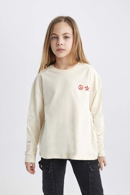 Футболка Relax Fit для девочек с круглым вырезом и длинными рукавами с принтом - Defacto фото 5