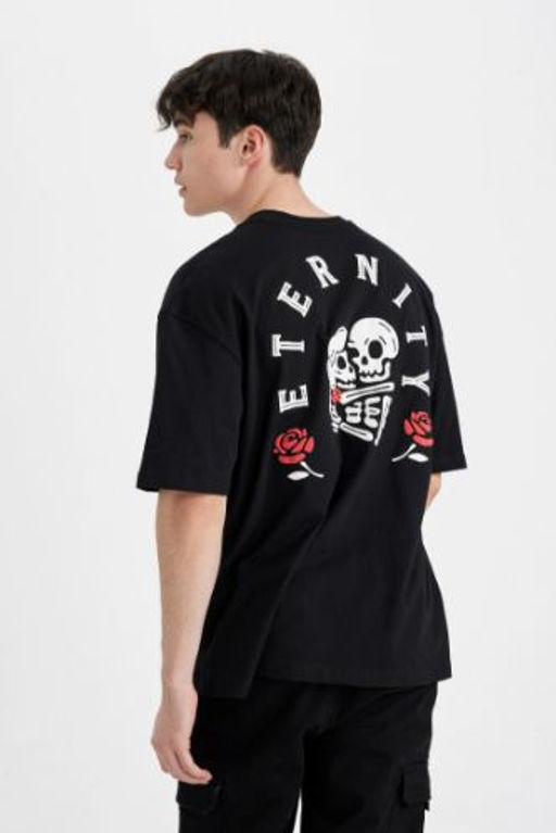 Oversize Genis Kal?p Bisiklet Yaka S?rt Bask?l? K?sa Kollu Tisort