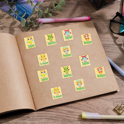 Цена за 10 шт. Бумажные наклейки оценки Совушки, 10,5 х 18 см - Арт узор фото 3