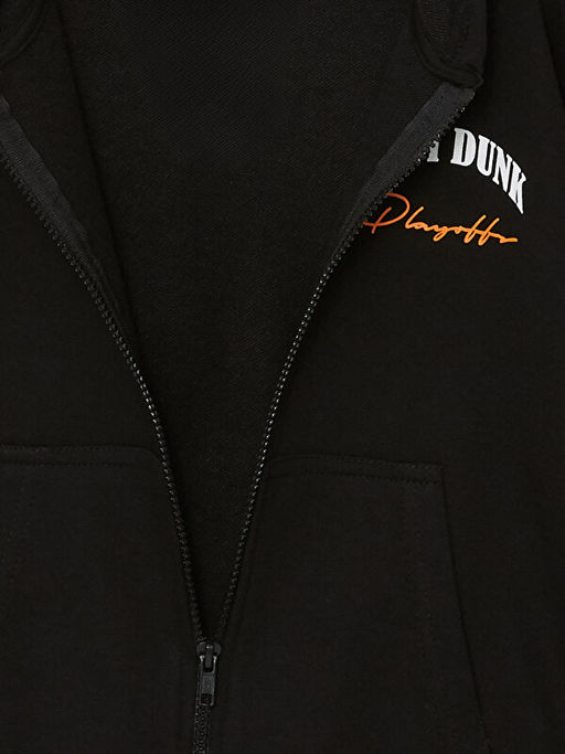 Kap??onlu Bask?l? Uzun Kollu Erkek ?ocuk Fermuarl? Sweatshirt