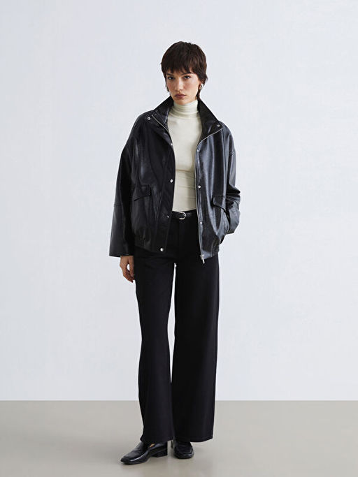Dik Yaka Oversize Kad?n Deri G?r?n?ml? Ceket